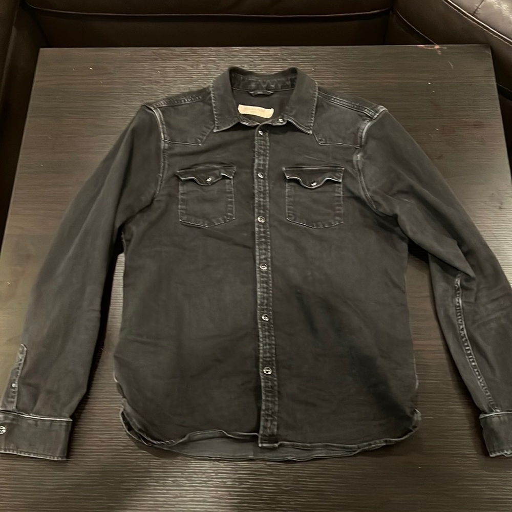 All Saints Men’s Western Denim Black Button Down Shirt Large Pearl Snap